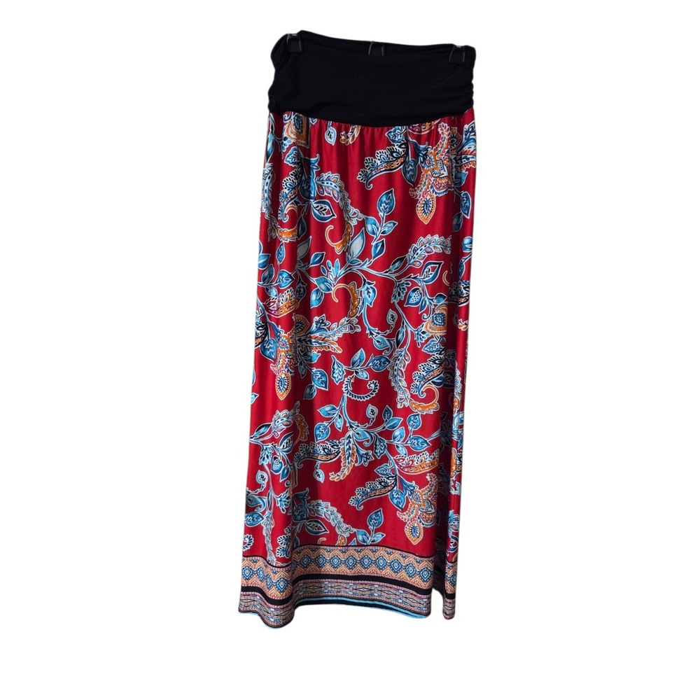 Red Blue Floral Paisley Boho Maxi Skirt Pull On Ruched Waist L/XL Apt 9